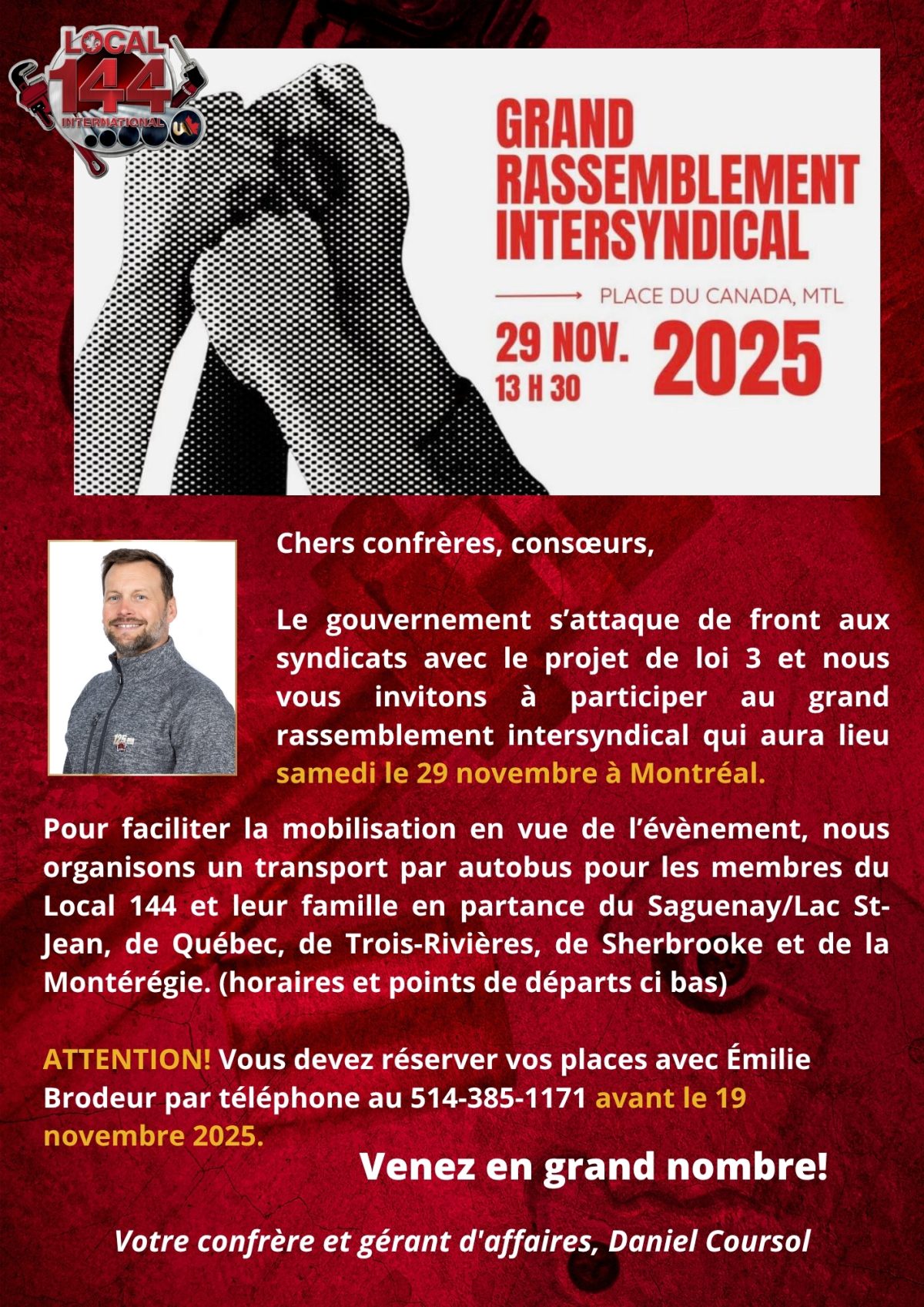 Nico Rioux Grand rassemblement intersyndical le samedi 29 novembre – Local 144
